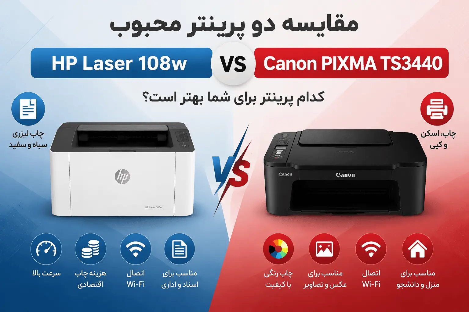 مقایسه پرینتر HP Laser 108w با Canon PIXMA TS3440؛ کدام پرینتر برای خرید بهتر است؟